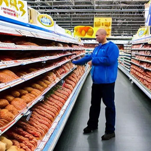 Prompt: photo of a pig shopping for sausages in WalMart