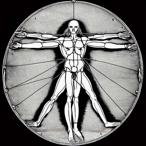 Prompt: vitruvian man, cthulhu, diagram