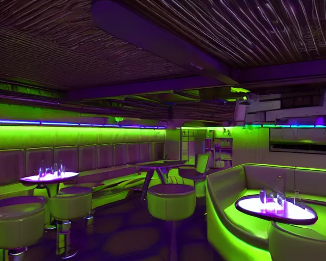 Image similar to Bar and nightclub inside a widebody plane with neon lights and sofas filled with partygoers, digital rendering, unreal engine 5