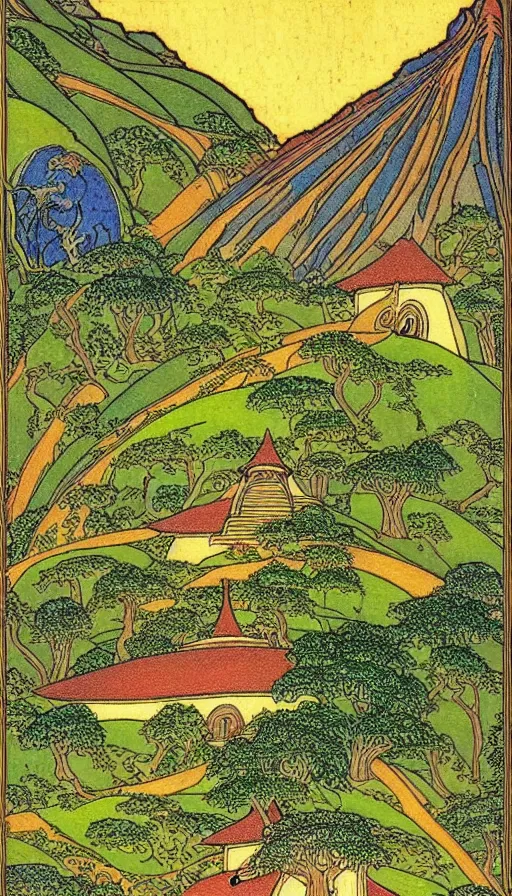 Image similar to hobbit monastery on hawaii, by Ivan Bilibin,