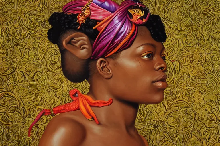 Image similar to a girl pirate with iridescent skin by kehinde wiley