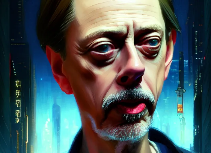 Image similar to a film still portrait of steve buscemi wizard, finely detailed features, closeup of face, cinematic lighting, perfect art, night cyberpunk city, intricate, anime, gapmoe grimdark, artstation, trending on pixiv fanbox, painted by greg rutkowski makoto shinkai takashi takeuchi studio ghibli, akihiko yoshida, 4 k