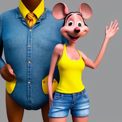 Image similar to 3 d render, portrait, headshot, closeup, anthropomorphic mouse, female, wearing denim short shorts and a off yellow tank top shirt, in the style of flushed away
