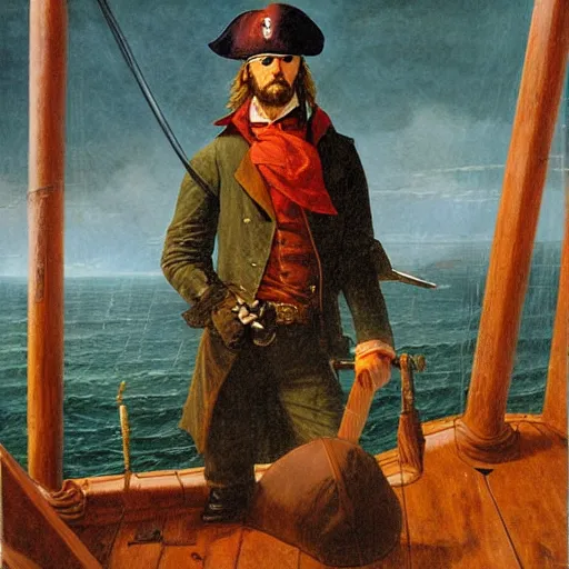 Image similar to pirate wearing an eyepatch, ship, digital oil paint, by caspar david friedrich