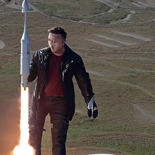 Image similar to Elon Musk holding on to a rocket as it takes off from the launching pad, he is screaming,