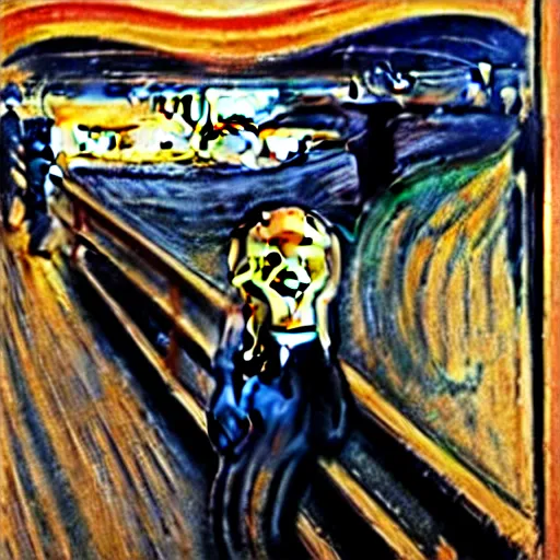 Image similar to painting of edvard munch's the scream zoomed out perspective, highly accurate, 8 k, highly ornate intricate details, rich colors, hyperrealistic,