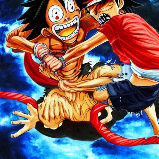 Image similar to highly detailed painting of Monkey D. luffy fighting Kaido, gruesome, scary, sci-fi, hyper realistic
