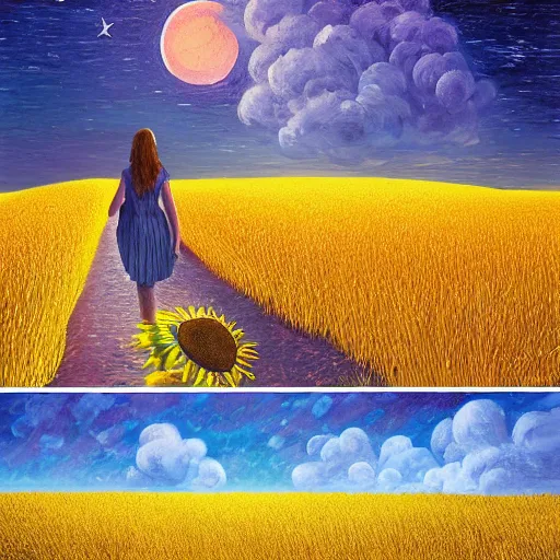 Image similar to giant daisy flowers as a head, girl walking in wheat field, hills, surreal photography, moon light, dark night, star trails, dramatic light, impressionist painting, clouds, digital painting, artstation, simon stalenhag