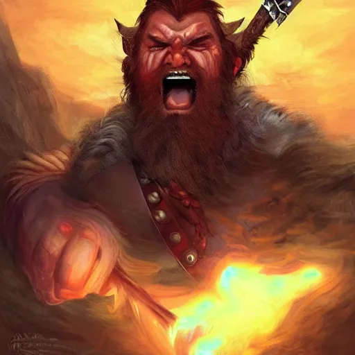 Prompt: masterpiece digital painting portrait of gotrek! ( troll slayer dwarf ) yelling, frenzy, punk hair style, red hair, epic, cinematic lights, huge axe, by boris vallejo and samwise didier, warhammer battle, artstation, pinterest, unreal engine render, 8 k, detailed