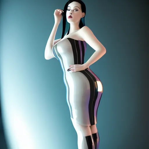 Image similar to a curvy pale hot young goth woman wearing an elegant modest tight shiny two-toned striped latex high-neck dress, cgsociety, photorealistic, sublime-cool-hyperadvanced-dark-amorous ambience, 16k, smooth, sharp focus, trending on ArtStation, volumetric lighting, fully clothed, thin waist