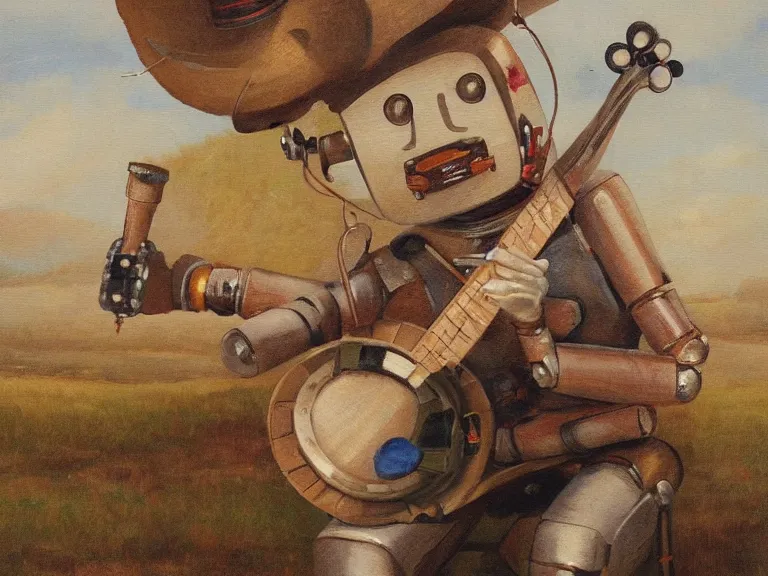 Prompt: painting of a country bumpkin robot playing a banjo, straw in his mouth, style of chriss foss, high detail, hyper realistic, 8 k