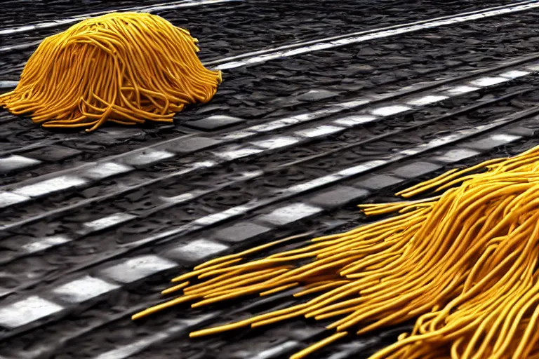 Image similar to HD luxury render of a spaghetti car made of spaghetti on train tracks, product photo, rendered in unreal engine 6, luxury spaghetti car, spaghetti car, car made of pasta, spaghetti, 4k