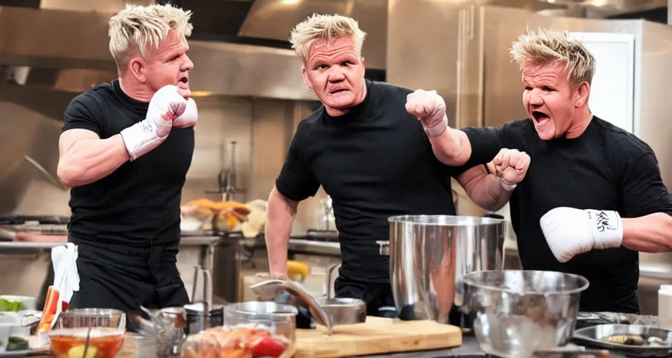 Image similar to photo of angry furious Gordon Ramsay punching Gordon Ramsay at the kitchen