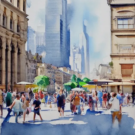 Prompt: big city bustling with people on a hot summer day, watercolor painting, morandi color palette, very beautiful masterpiece by a very talented artist, stunning