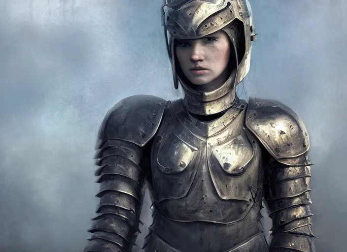 Image similar to landscape of a future city, a young english woman between the ages of 2 0 - 2 5 years, wearing armor and pointing a dagger, wearing a face full of anger. cinematic capture, dramatic condition, fine art, modern realism, sharp focus, good lighting, trending on artstation, trending on tiktok, smooth drawing, elegant, authoritative, without anomalies.