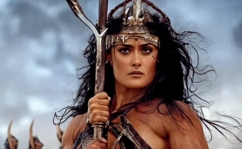 Prompt: epic photo of muscular salma hayek as beautiful barbarian warrior queen with long curly black hair, battle scene with a thousand warriors behind her in the background, sweaty, detailed eyes, neutral expression, shallow depth of field, photorealistic, cinematic lighting, lovely bokeh, warm colours, dusk, movie quality, conan the destroyer 1 9 8 5, movie still, cinemascope