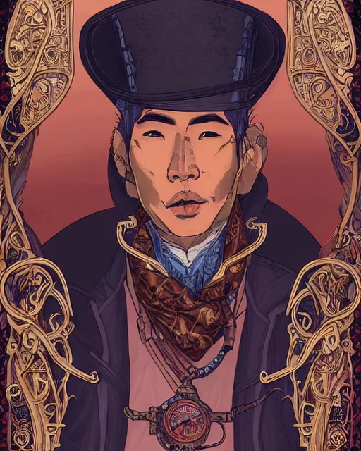 Image similar to a detailed portrait illustration of a steampunk noble - mage. handsome asian male face. art nouveau, pop art, comic book style. influenced by neil gaiman, h. p. lovecraft, dan mumford, eddie mendoza, vadim voitekhovitch, killian eng, ross tran.