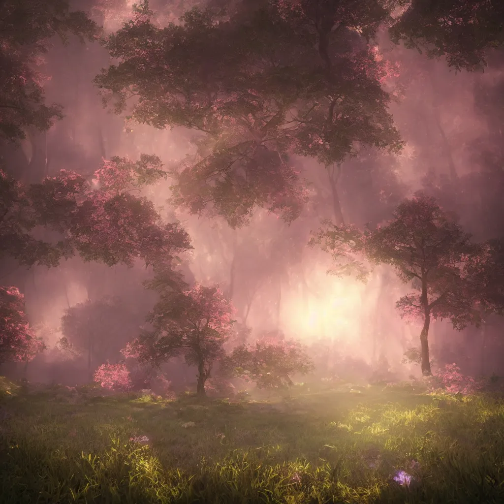 Image similar to fantasy with earth forest and meadow magic, at gentle dawn pink light, cinematic lighting, volumetric lighting, smooth, sharp focus, highly detailed, render in unreal engine 5, artstation, deviantart, behance, trending,, epic composition, hd, octane, unreal engine, volumetric lighting, light rays, masterpiece, award - winning