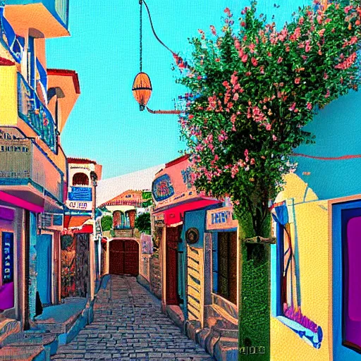 Image similar to safed tzfat israel, digital art, outrun