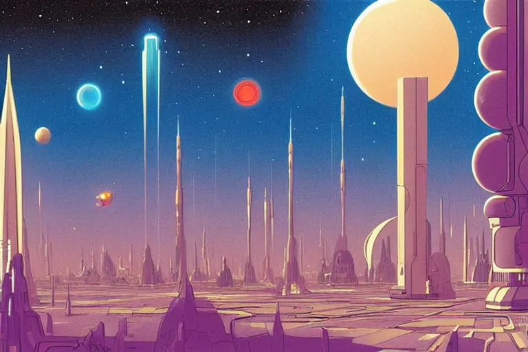 Image similar to a scifi illustration, Galactic City on Coruscant. flat colors, limited palette in FANTASTIC PLANET La planète sauvage animation by René Laloux