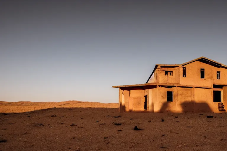 Prompt: desolate house in the middle of the desert, golden hour, dramatic, desolate, award winning