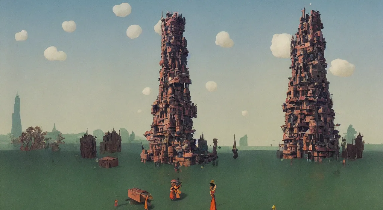 Image similar to single flooded simple falling clay tower, very coherent and colorful high contrast!! masterpiece by rene magritte simon stalenhag carl spitzweg syd mead norman rockwell edward hopper james gilleard, minimalist, dark shadows, sunny day, hard lighting