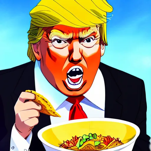 Image similar to beautiful digital painting portrait of donald trump eating a taco bowl in the style of studio trigger anime, 4 k, 8 k, hd, high resolution, highly detailed, intricate detail, ultra realistic faces, digital art, trending on artstation, kill la kill, gurren lagann