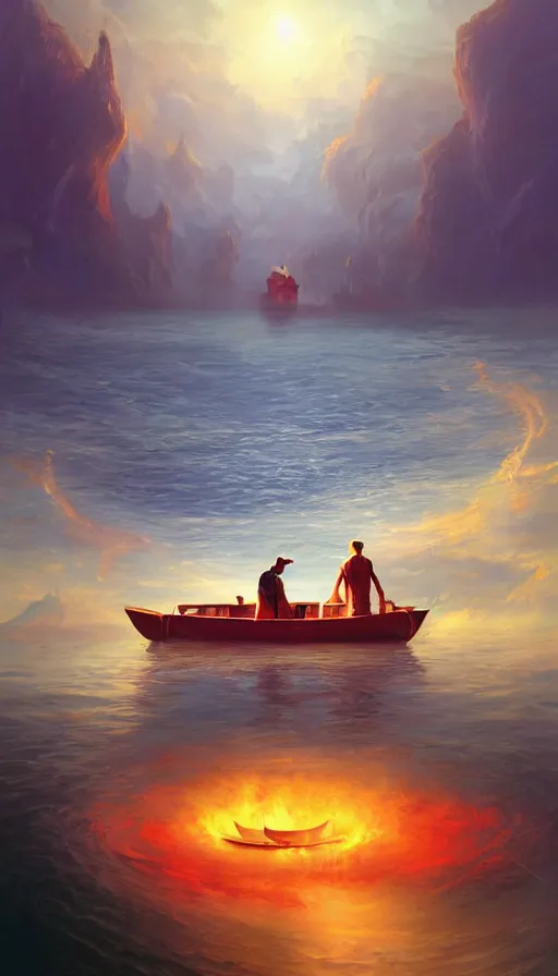 Prompt: man on boat crossing a body of water in hell with creatures in the water, sea of souls, by rhads