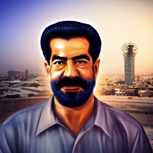 Image similar to portrait of Saddam Hussein, Baghdad skyline background, washed out colors, ambient lighting, dynamic lighting, lens flare, 4K, HQ, official media, detailed, trending on artstation