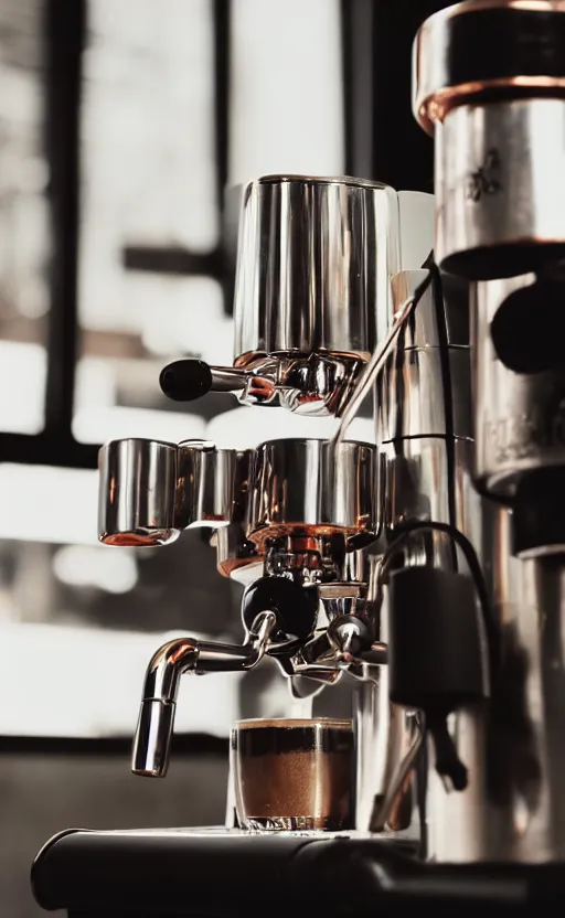 Image similar to close up realistic detailed photo of an espresso machine in a cozy coffee shop, hdr, chrome, reflections, volumetric lighting, copper, black, diffuse light