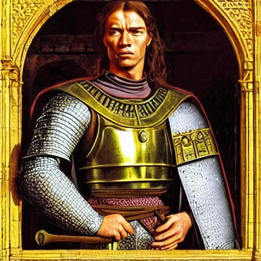 Image similar to portrait of Arnold Schwarzenegger as a medieval Crusader King of Jerusalem, by Angus McBride, Gentile Bellini, Piero della Francesca, and Arthur Rackham. HD face portrait.