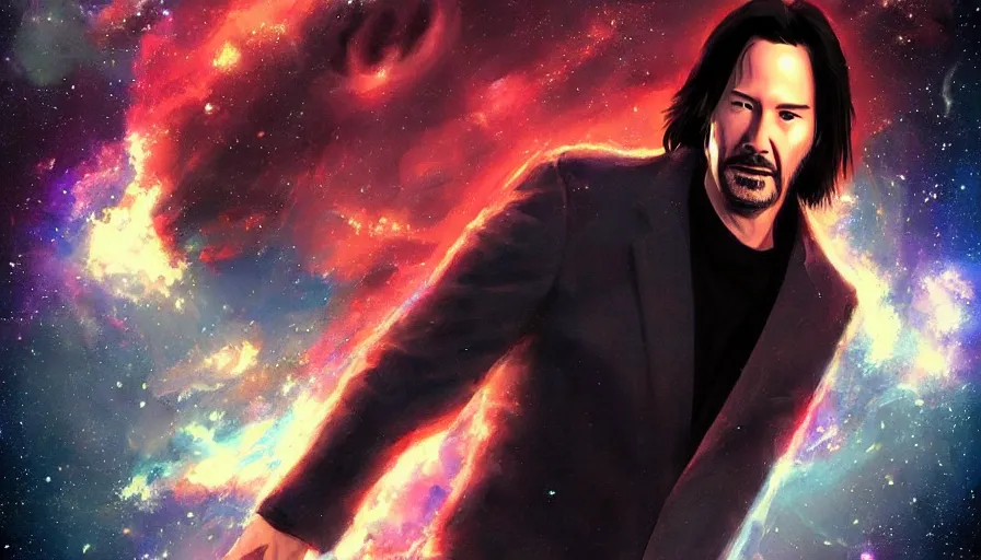 Prompt: Keanu reeves floating in space with a distressed look on his face, digital art, artstation, artgem