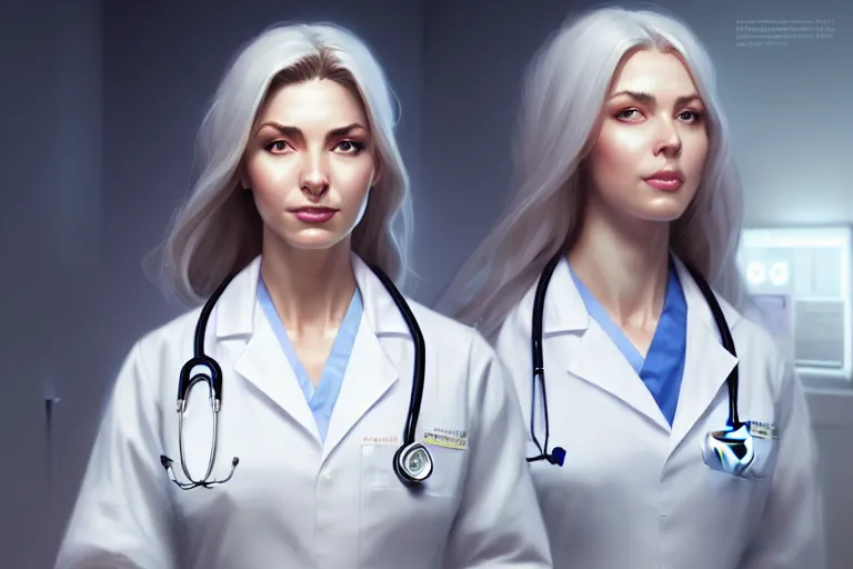 Prompt: a elegant and beautiful female doctor in a white coat in a clinic, cinematic, highly detailed, digital painting, artstation, concept art, matte, sharp focus, illustration, art by artgerm and greg rutkowski