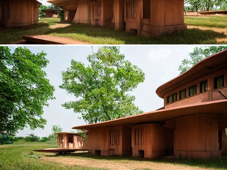 Prompt: hyperrealism design by frank lloyd wright and kenzo tange photography from 5 point of perspective of beautiful detailed small solarpunk house with many details in small detailed ukrainian village designed by taras shevchenko and wes anderson and caravaggio, wheat field behind the house, around the forest volumetric natural light