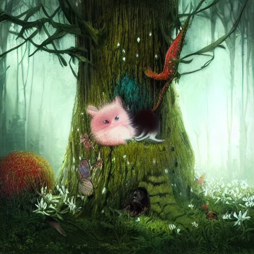 Prompt: multicolor drawing of cute creature sits in the dark forest by ray caesar created at modern world in 4 k ultra high resolution, with inspiring feeling