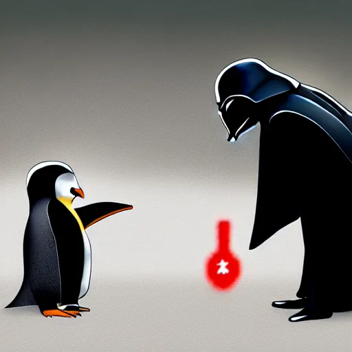 Prompt: darth vader talking with a penguin