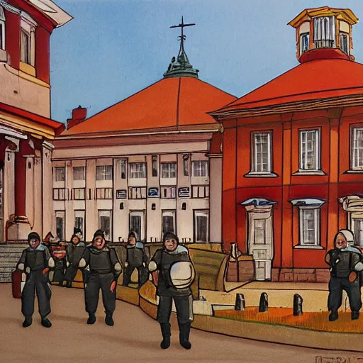 Image similar to the drawing depicts a police station in the lithuanian city of vilnius. in the foreground, a group of policemen are standing in front of the building, while in the background a busy street can be seen. indian by peter sculthorpe dismal