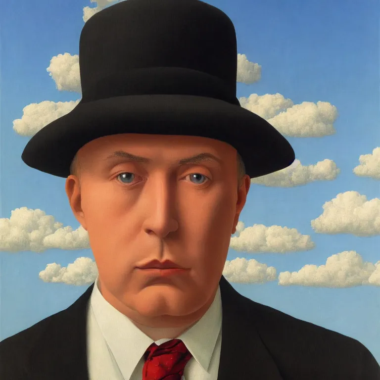 Image similar to portrait of a man in a suit, his face is fully made of clouds and he is wearing a hat, by rene magritte, detailed painting, hd, hq, high resolution, high detail, 4 k, 8 k