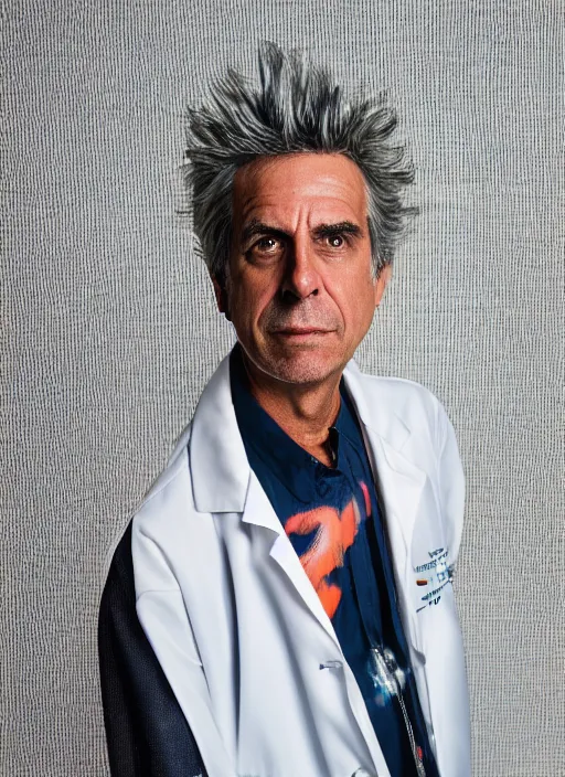 Image similar to portrait of Rick Sanchez wearing a lab coat by Mario Testino, headshot, detailed, award winning, Sony a7R