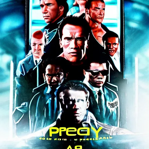 Image similar to a 8 0's movie poster starring arnold schwarzenegger, the movie is called prey cinematic photo