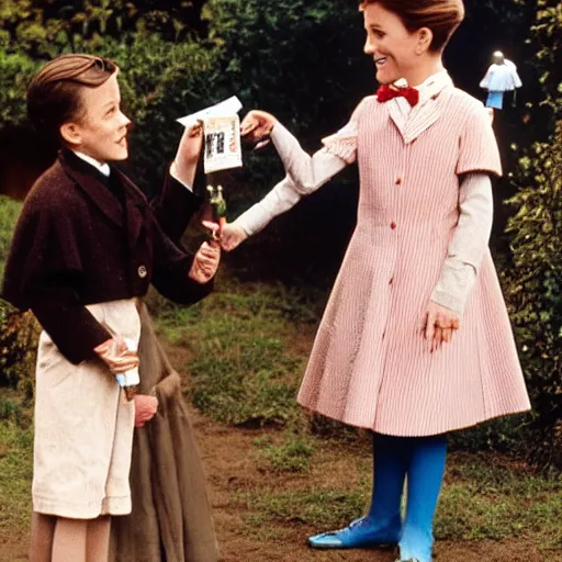 Image similar to Mary Poppins (played by Julie Andrews) handing children cigarettes and a zippo lighter, colorized