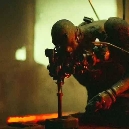 Image similar to weapon made from old egg beater, balding older cyborg repairing, red hot soldering iron, dark messy smoke - filled cluttered workshop, dark, dramatic lighting, orange tint, cinematic, highly detailed, sci - fi, futuristic, movie still from blade runner