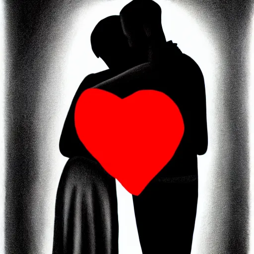 Prompt: two red hearts, couple, a woman and a man, love, sadness, dark ambiance, concept by Godfrey Blow, featured on deviantart, drawing, sots art, lyco art, artwork, photoillustration, poster art