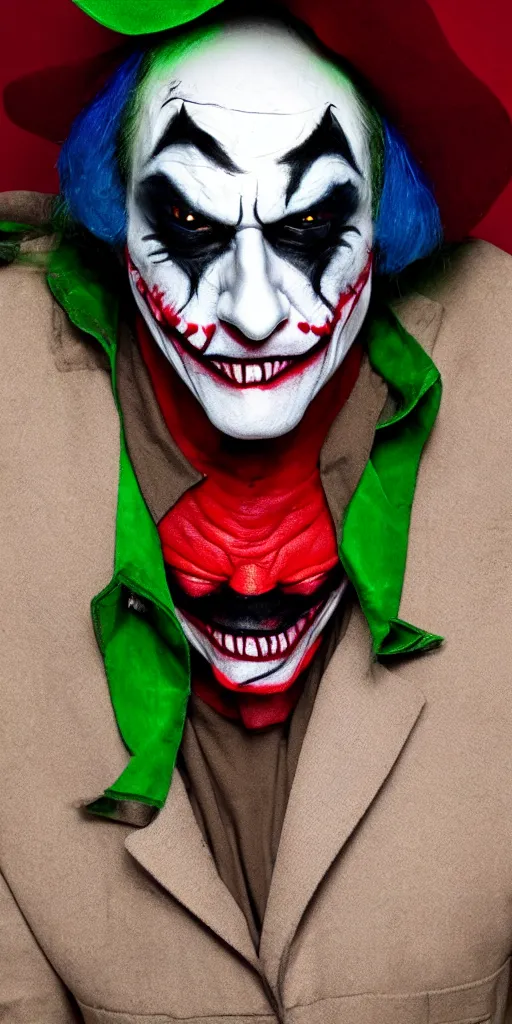 Prompt: a male model with glowing inferno eyes hat in joker makeup, frontal view, cool looking