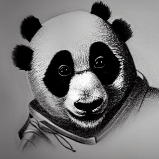 Image similar to a very detailed pencil drawing of a panda wearing an astronaut suit in space 4 k, high resolution, still, landscape, hd, dslr, hyper realistic, sketch