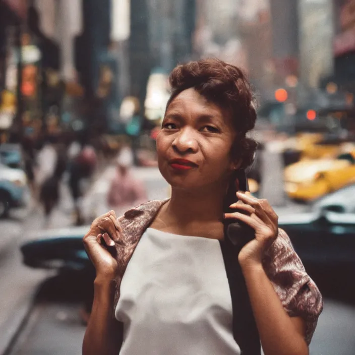 Prompt: medium format film candid portrait of a woman in new york by street photographer from the 1 9 6 0 s, hasselblad film woman portrait featured on unsplash, damaged colour film,