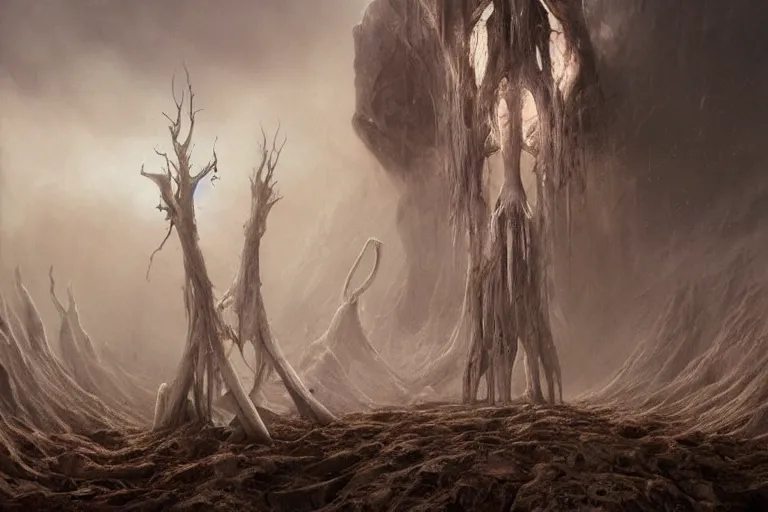 Image similar to amazing concept painting, by Jessica Rossier and HR giger and Beksinski, prophecy, hallucination, the middle of a valley; it was full of bones, bones that were very dry, there was a noise, a rattling sound, and the bones came together, bone to bone , I looked, and tendons and flesh appeared on them and skin covered them, but there was no breath in them and breath entered them, they came to life and stood up on their feet a vast army