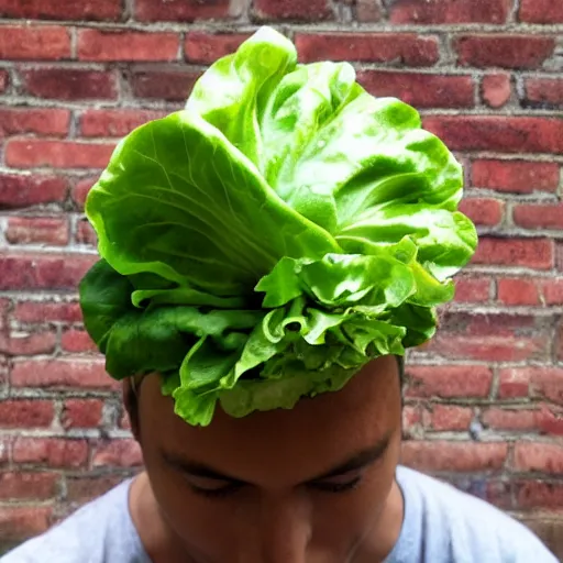 Prompt: lettuce on young mans head