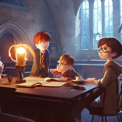 Prompt: a wholesome animation key shot of harry potter students, medium shot, studio pixar and disney animation, sharp, very detailed, high resolution, rendered in unreal engine 5, anime key art by greg rutkowski, bloom, dramatic lighting