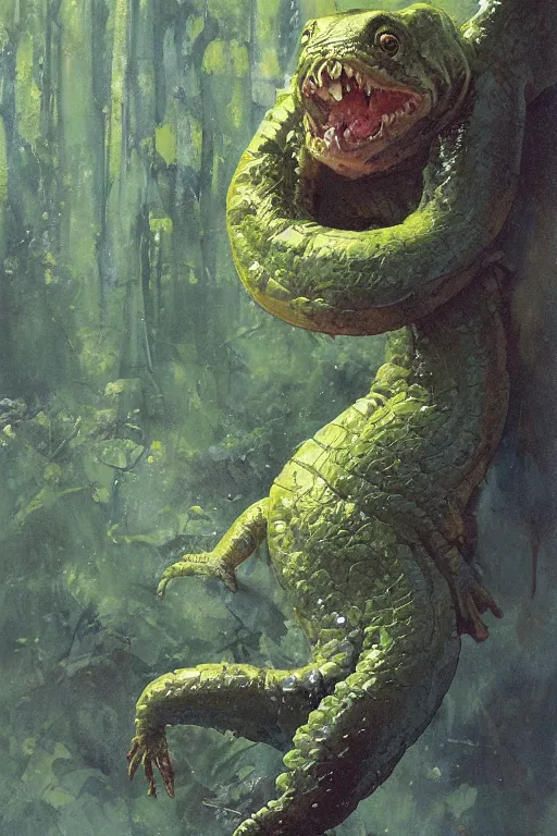 Image similar to full body portrait of huge slimy bipedal salamander, by norman rockwell, jack kirby, jon berkey, earle bergey, craig mullins, ruan jia, jeremy mann, tom lovell, marvel, astounding stories, 5 0 s pulp illustration, scifi, fantasy, artstation creature concept